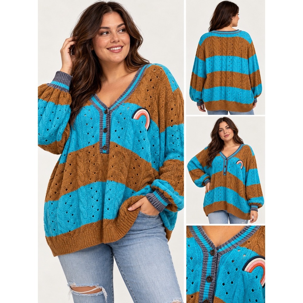 Torrid Vegan Cashmere Henley Pullover Sweater Striped Cable Knit Rainbow 3X